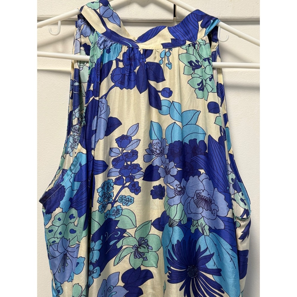 Momoni Blue Floral 100% Silk Tie Neck Halter Maxi Dress Size 44 IT Womens